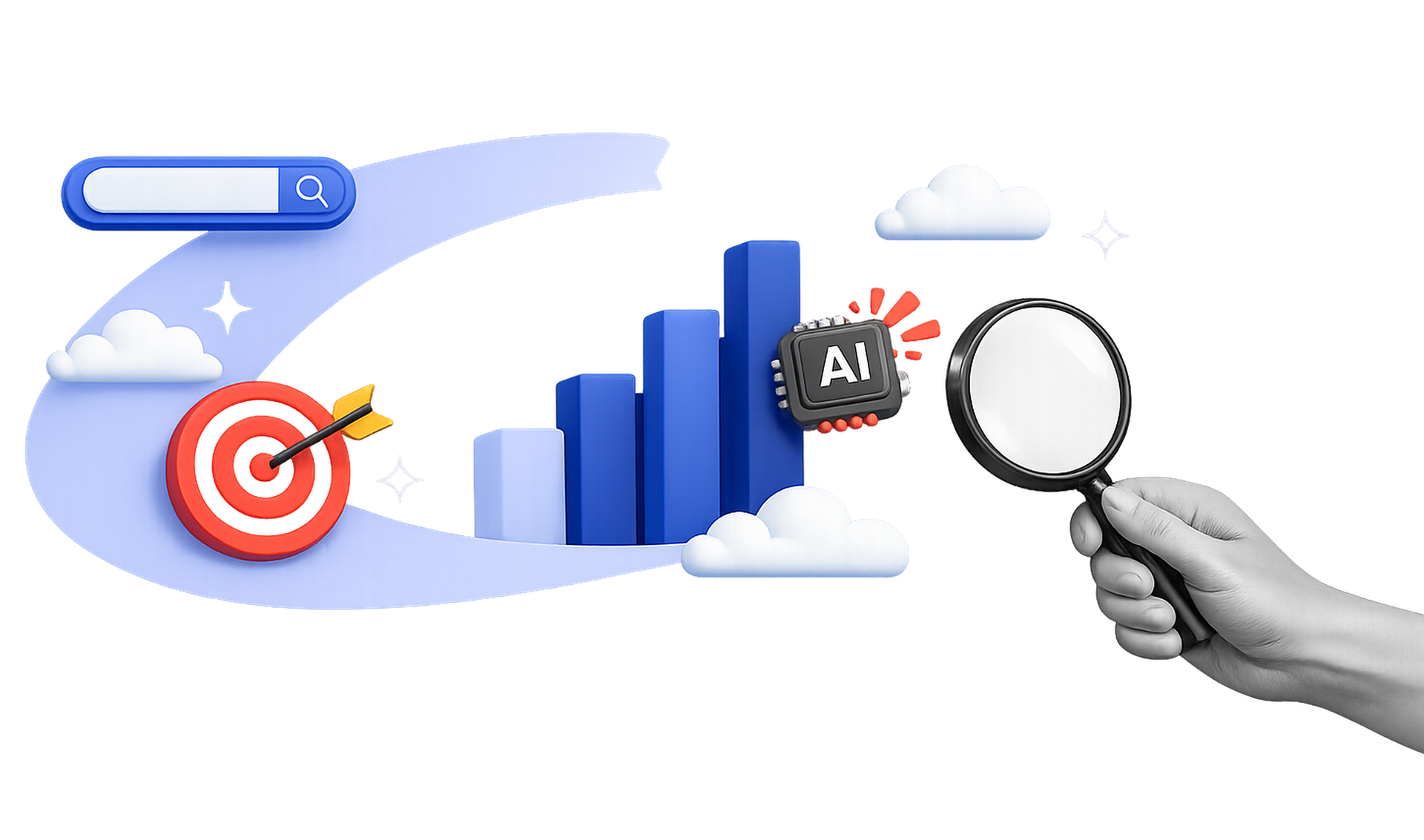 SEO・AIO・Web制作を象徴するイラスト：検索バー、上昇する棒グラフ、AIチップ、的と矢、虫眼鏡