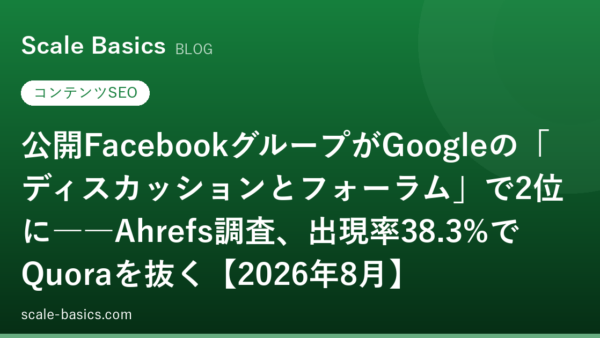 公開FacebookグループがGoogleの「ディスカッションとフォーラム」で2位に――Ahrefs調査、出現率38.3%でQuoraを抜く【2026年8月】